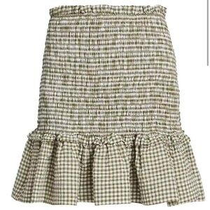 Veronica Beard Aloya Smocked Gingham Mini Skirt Green Ruffle Hem Size L NWT